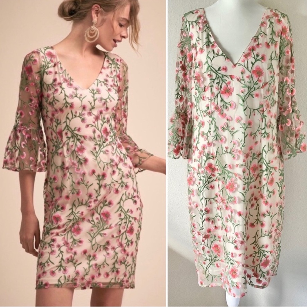 Adrianna Papell Sheath Dress Floral Embroidery Bell Sleeves Special Occasion